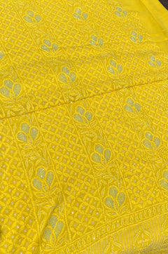Roshan-e-Noor Mustard Yellow Chikankari Unstitched Set - Famous Chikankari