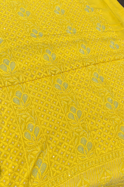 Roshan-e-Noor Mustard Yellow Chikankari Unstitched Set - Famous Chikankari