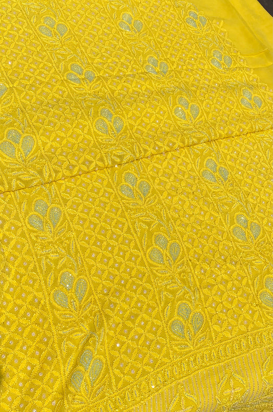 Roshan-e-Noor Mustard Yellow Chikankari Unstitched Set