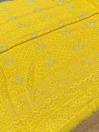 Roshan-e-Noor Mustard Yellow Chikankari Unstitched Set - Famous Chikankari
