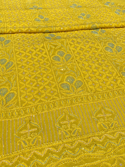 Roshan-e-Noor Mustard Yellow Chikankari Unstitched Set - Famous Chikankari