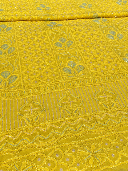 Roshan-e-Noor Mustard Yellow Chikankari Unstitched Set - Famous Chikankari