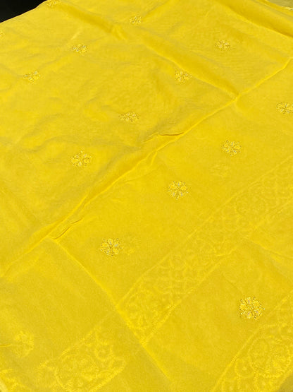 Roshan-e-Noor Mustard Yellow Chikankari Unstitched Set - Famous Chikankari