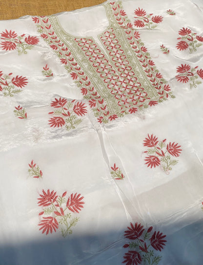 Meher Noor Crepe Chikankari Unstiched Kurta Dupatta Set-Onion Pink/Mint Green - Famous Chikankari