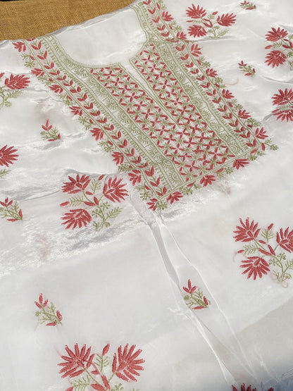 Meher Noor Crepe Chikankari Unstiched Kurta Dupatta Set-Onion Pink/Mint Green - Famous Chikankari