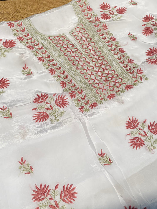 Meher Noor Crepe Chikankari Unstiched Kurta Dupatta Set-Onion Pink/Mint Green