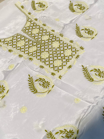 Meher Noor Crepe Chikankari Unstiched Kurta Dupatta Set-Green/Pista - Famous Chikankari