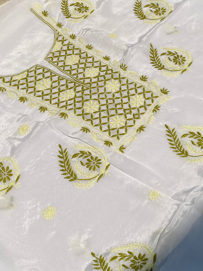 Meher Noor Crepe Chikankari Unstiched Kurta Dupatta Set-Green/Pista - Famous Chikankari