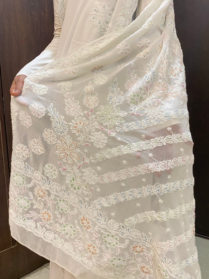 Noor-e-Safa – White Chikankari Saree in Viscose Georgette - Famous Chikankari