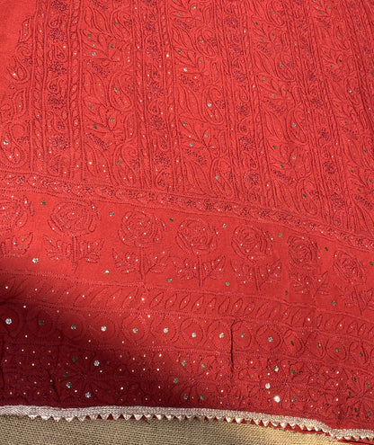 Noor-e-Surkh – Pure Georgette Chikankari Unstitched Kurta & Dupatta Set - Famous Chikankari