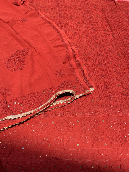 Noor-e-Surkh – Pure Georgette Chikankari Unstitched Kurta & Dupatta Set - Famous Chikankari