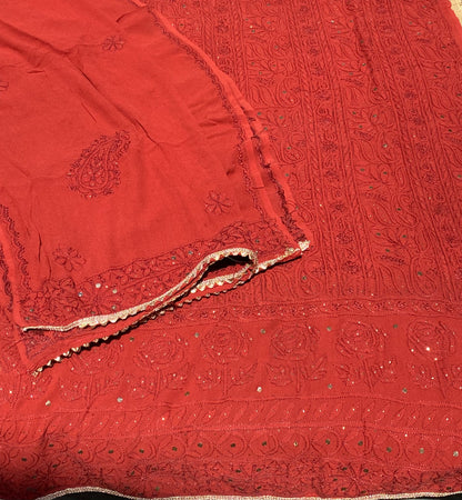 Noor-e-Surkh – Pure Georgette Chikankari Unstitched Kurta & Dupatta Set - Famous Chikankari