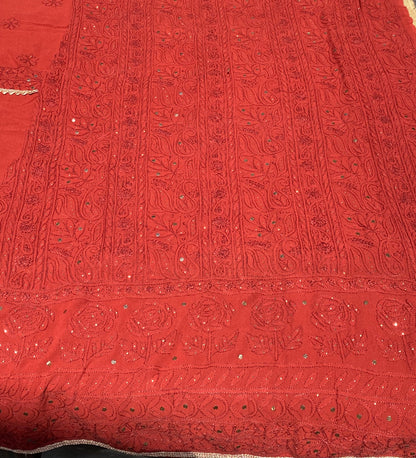 Noor-e-Surkh – Pure Georgette Chikankari Unstitched Kurta & Dupatta Set - Famous Chikankari