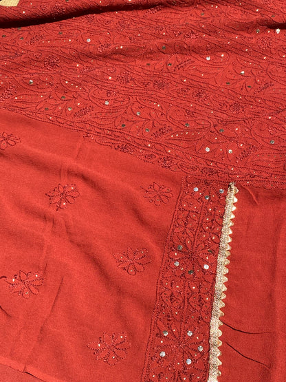 Noor-e-Surkh – Pure Georgette Chikankari Unstitched Kurta & Dupatta Set - Famous Chikankari