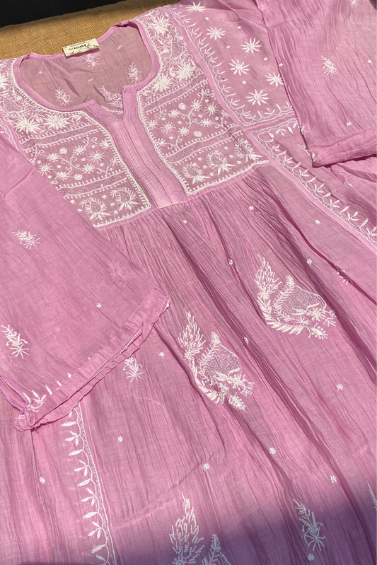 Rahat Pale Mauve Chikankari Semi-Stitched Gown With Dupatta - Famous Chikankari