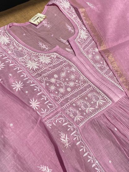 Rahat Pale Mauve Chikankari Semi-Stitched Gown With Dupatta - Famous Chikankari