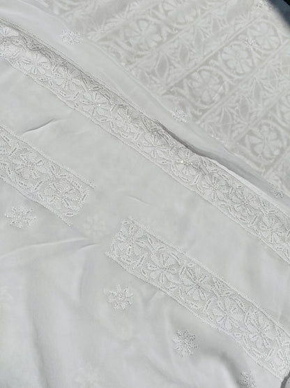 Roshan-e-Noor White Chikankari Unstitched Set - Famous Chikankari