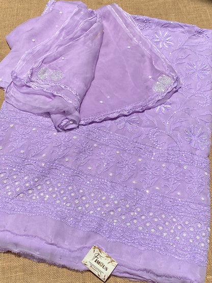 Lilac Chikankari Pure Viscose Unstiched Kurta Dupatta - Famous Chikankari