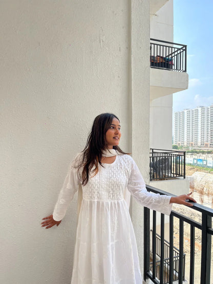 White Chikankari Mulmul Three Layer Frock - Famous Chikankari