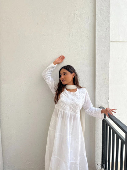 White Chikankari Mulmul Three Layer Frock - Famous Chikankari