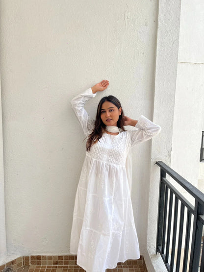 White Chikankari Mulmul Three Layer Frock - Famous Chikankari