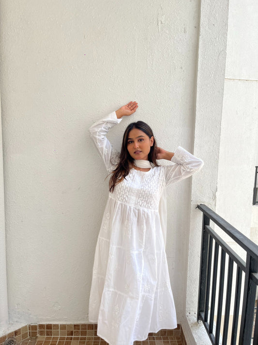 White Chikankari Mulmul Three Layer Frock