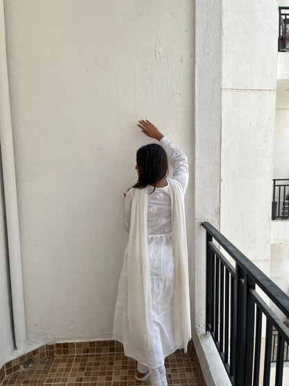 White Chikankari Mulmul Three Layer Frock - Famous Chikankari
