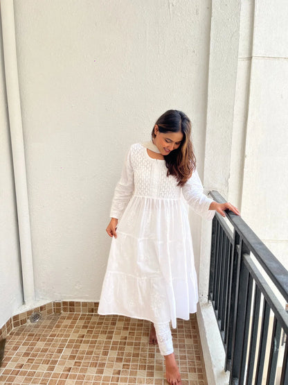 White Chikankari Mulmul Three Layer Frock - Famous Chikankari