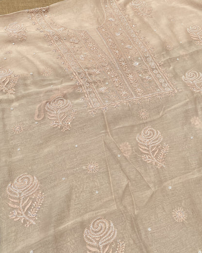 Beige Mul Chanderi Chikankari Unstitched Dress - Famous Chikankari