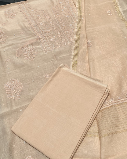 Beige Mul Chanderi Chikankari Unstitched Dress - Famous Chikankari