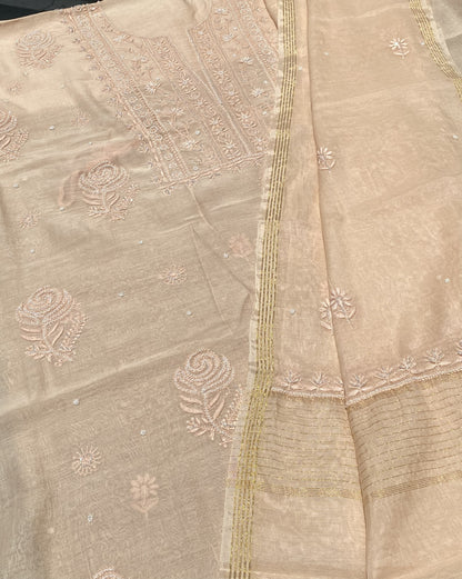 Beige Mul Chanderi Chikankari Unstitched Dress - Famous Chikankari