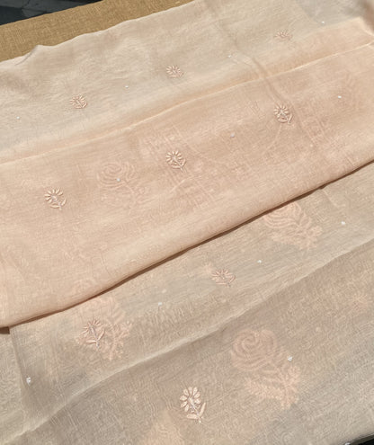 Beige Mul Chanderi Chikankari Unstitched Dress - Famous Chikankari