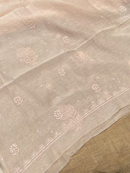 Beige Mul Chanderi Chikankari Unstitched Dress - Famous Chikankari