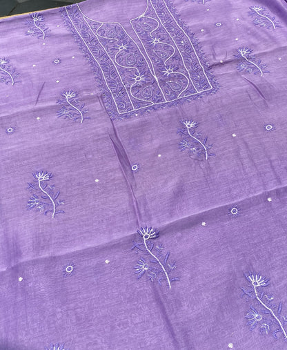 Purple Mul Chanderi Chikankari Unstitched Dress - Famous Chikankari