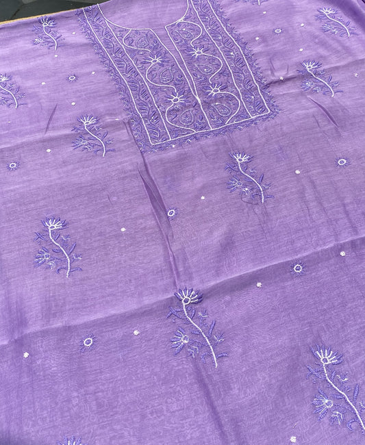 Purple Mul Chanderi Chikankari Unstitched Dress