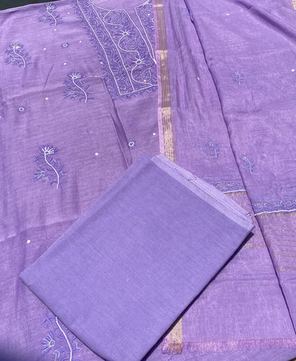 Purple Mul Chanderi Chikankari Unstitched Dress - Famous Chikankari