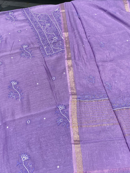 Purple Mul Chanderi Chikankari Unstitched Dress - Famous Chikankari
