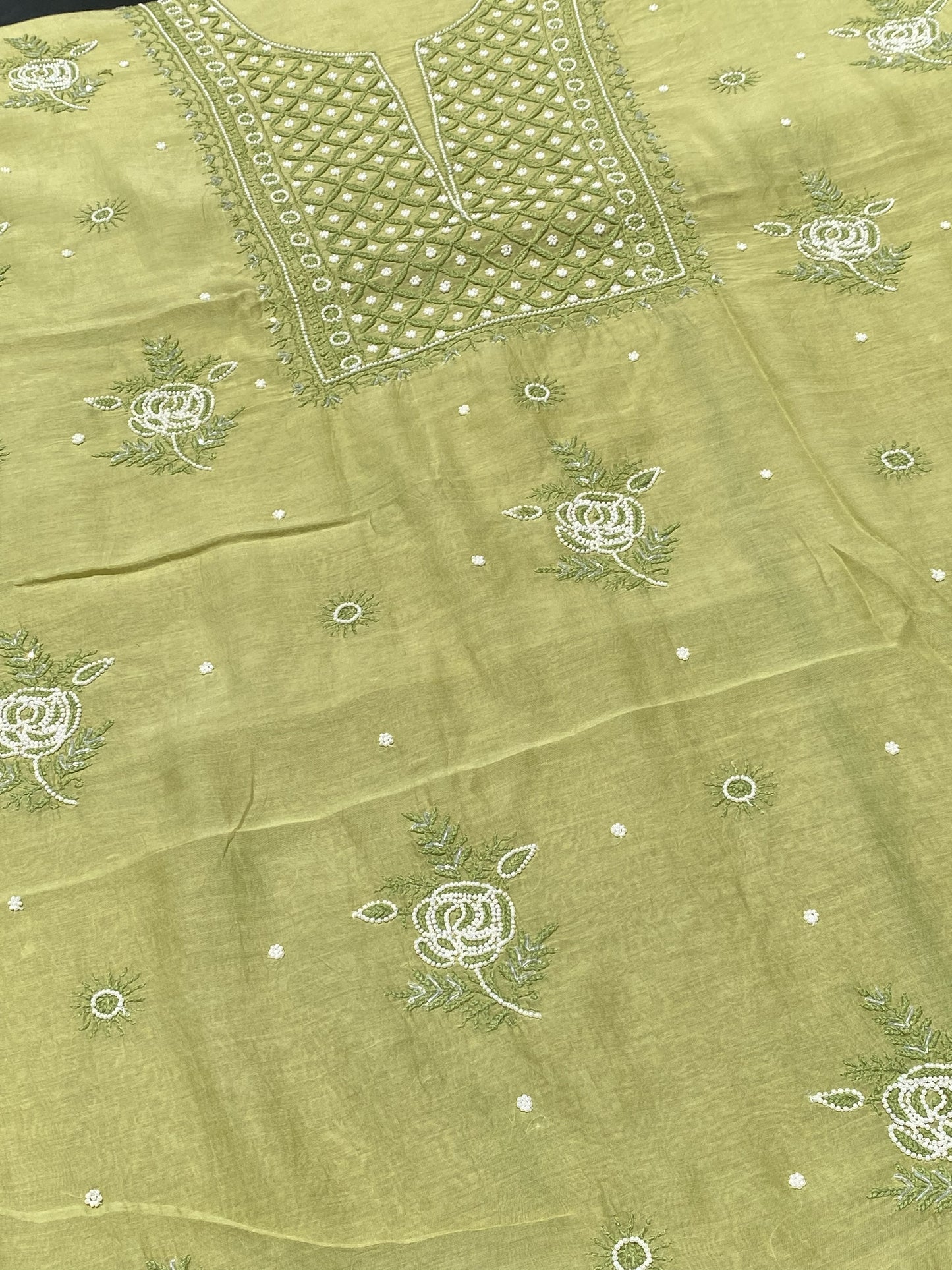 Mehndi Green Mul Chanderi Chikankari Unstitched Dress