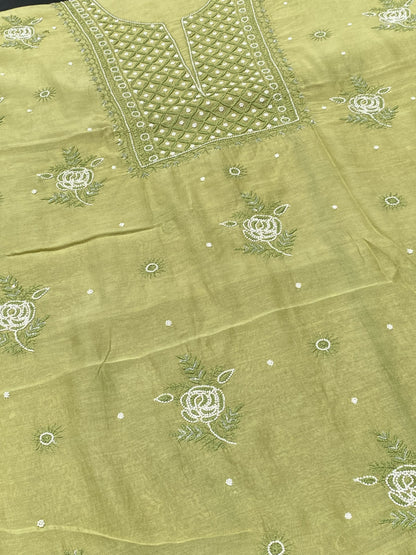 Mehndi Green Mul Chanderi Chikankari Unstitched Dress - Famous Chikankari