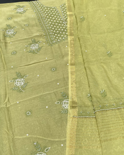 Mehndi Green Mul Chanderi Chikankari Unstitched Dress - Famous Chikankari