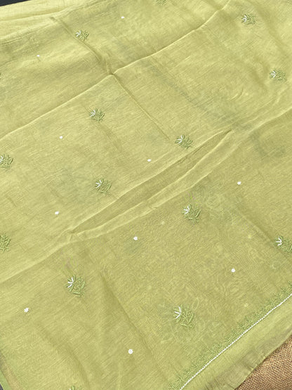 Mehndi Green Mul Chanderi Chikankari Unstitched Dress - Famous Chikankari