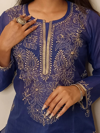 Navy Blue Chanderi Chikankari Long Kurti - Famous Chikankari