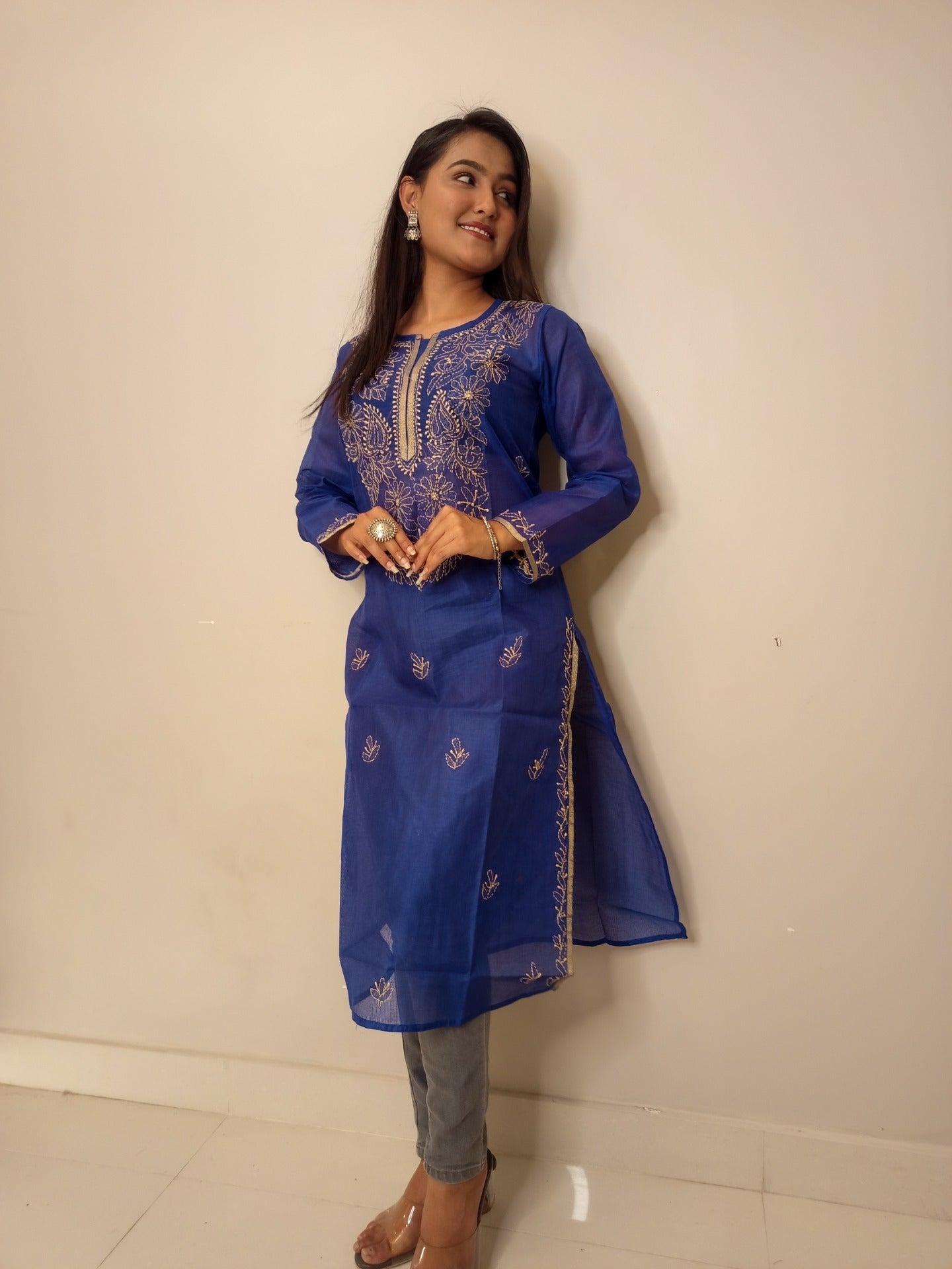 Navy Blue Chanderi Chikankari Long Kurti