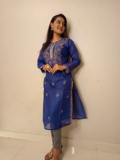 Navy Blue Chanderi Chikankari Long Kurti - Famous Chikankari
