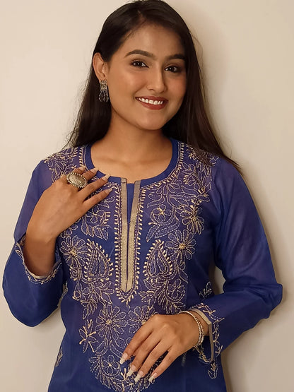 Navy Blue Chanderi Chikankari Long Kurti - Famous Chikankari