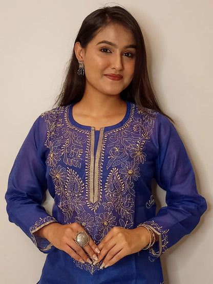 Navy Blue Chanderi Chikankari Long Kurti - Famous Chikankari