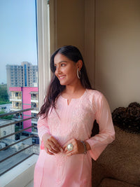 Baby Pink Neck Work Chikankari Straight Long Kurti
