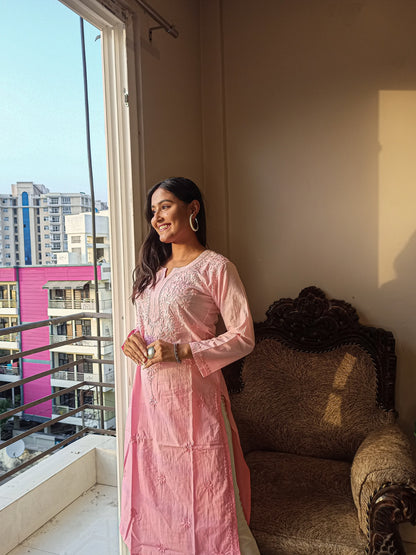 Baby Pink Neck Work Chikankari Straight Long Kurti - Famous Chikankari
