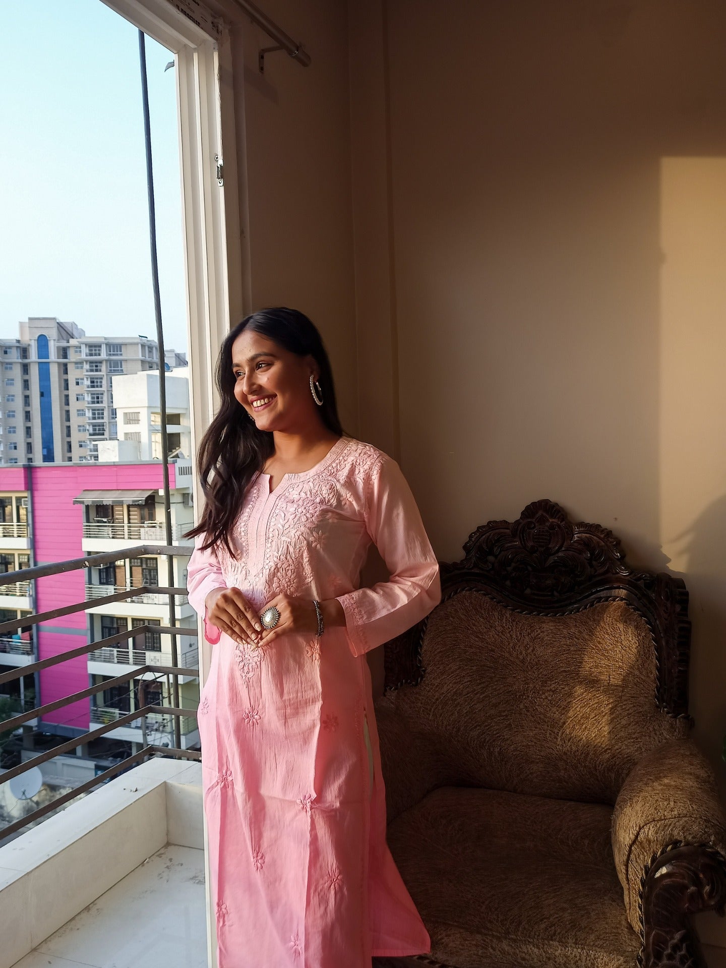 Baby Pink Neck Work Chikankari Straight Long Kurti