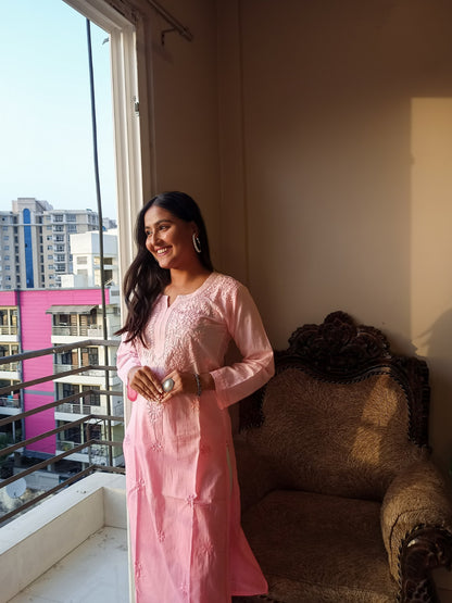 Baby Pink Neck Work Chikankari Straight Long Kurti - Famous Chikankari